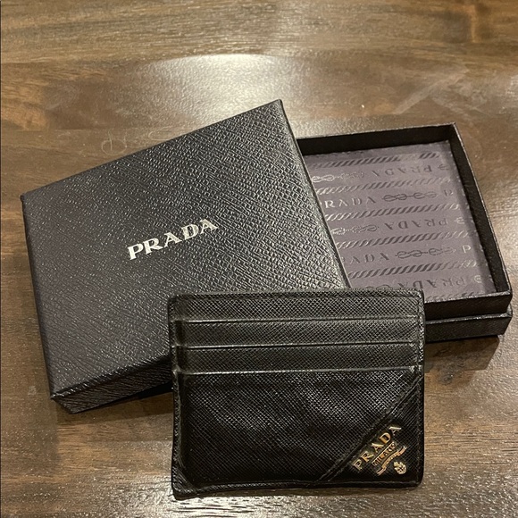 Prada Other - Prada Black Saffiano Leather Card Holder with Gold Logo Accent